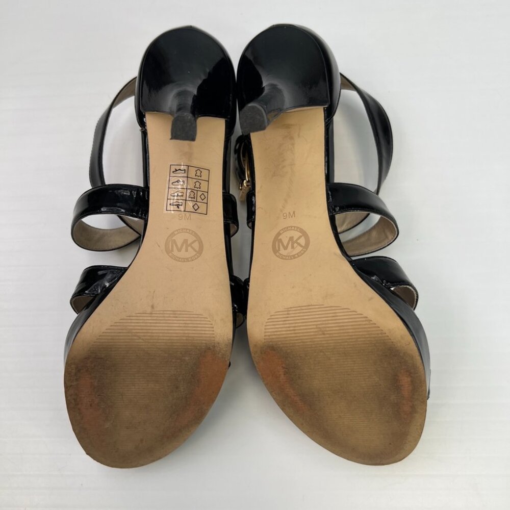Michael Kors Heel Women 9 Leather Ankle Strap High Shiny Logo Work Party Core Go - Picture 10 of 12